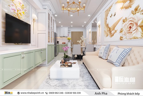Thiết kế phòng khách bếp tân cổ điển căn 71m2 Emerald Celadon City - NBX386